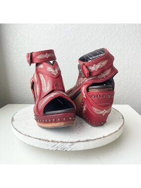 Lane Boots LEXINGTON Womens Red Wedges Western Sandals Cowgirl Wooden Heels Sz 8